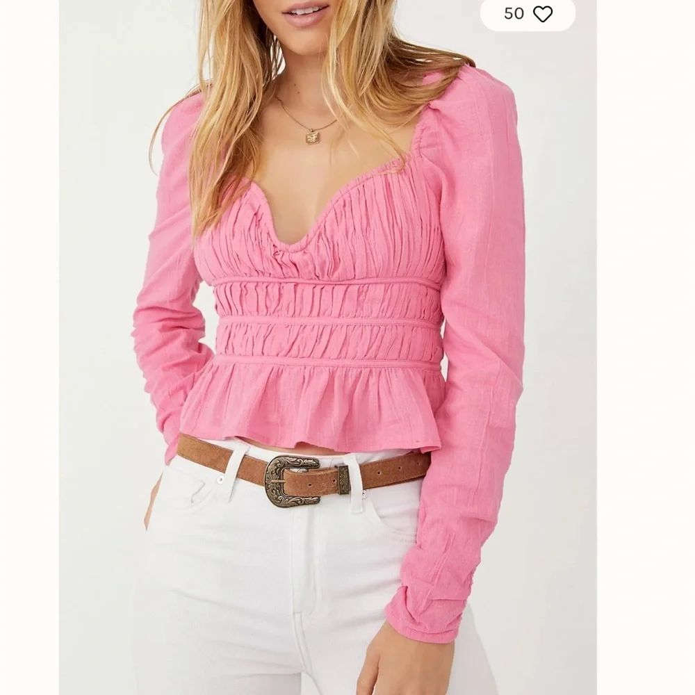 Free People Pink Long Sleeve Smocked Crop Blouse Chloe coquette sweetheart